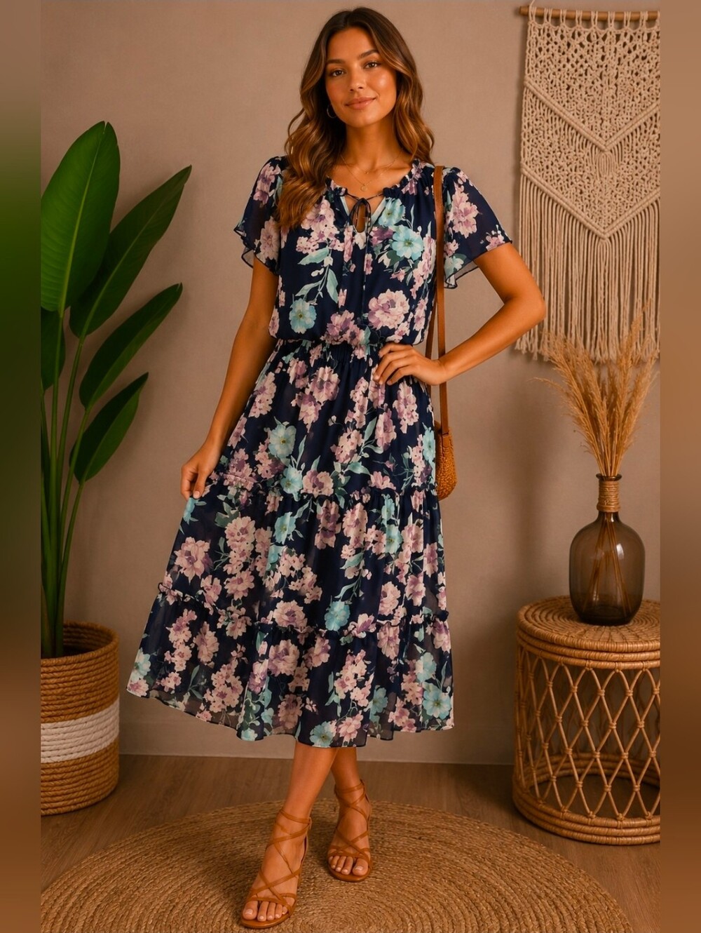 Navy Floral Midi Dress